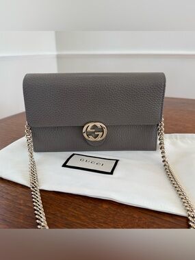 Authentic Gucci Gray Pebbled Leather Crossbody with Interlocking G